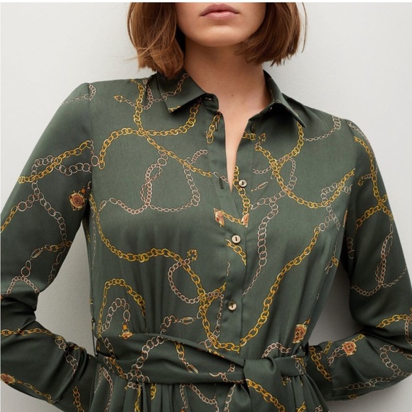 Mango Green Chain Print Midi Shirt Dress size 2 - Picture 5 of 10
